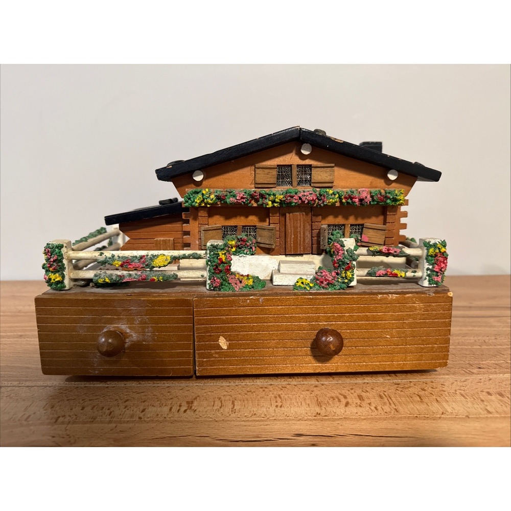 Vintage Reuge Wood Switzerland Cottage House Music Box Rock Roof Dancer READ